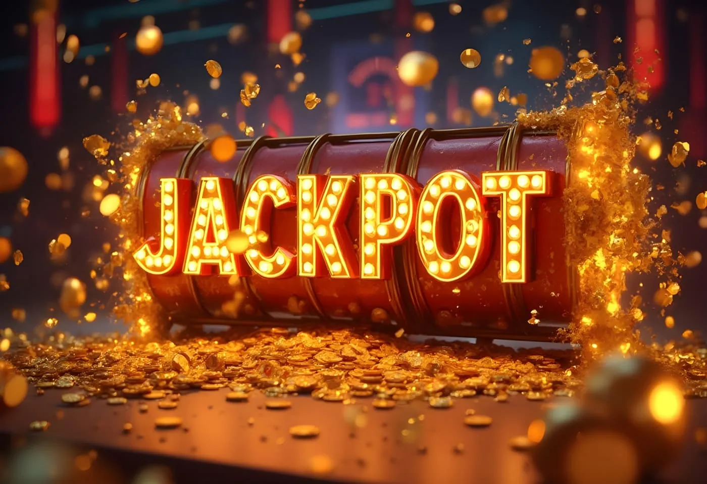 Rótulo luminoso de jackpot sobre rodillos rojos rodeados de monedas doradas