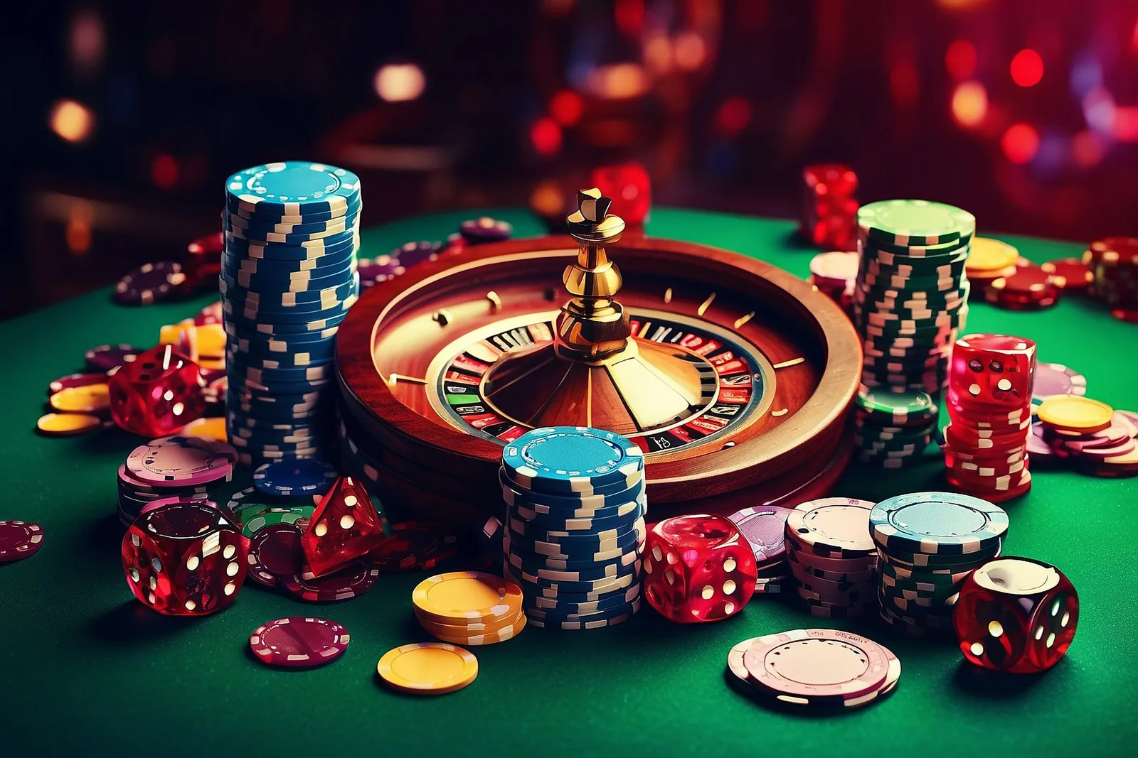 Una ruleta rodeada de fichas, dados de colores y fichas de casino sobre una mesa de juego.