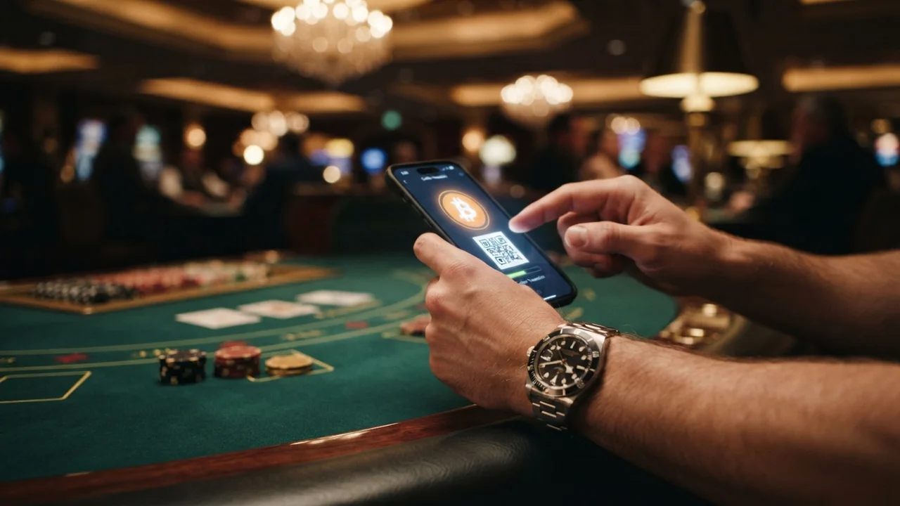 Mano que escanea un código QR de Bitcoin en el móvil junto a una mesa de casino