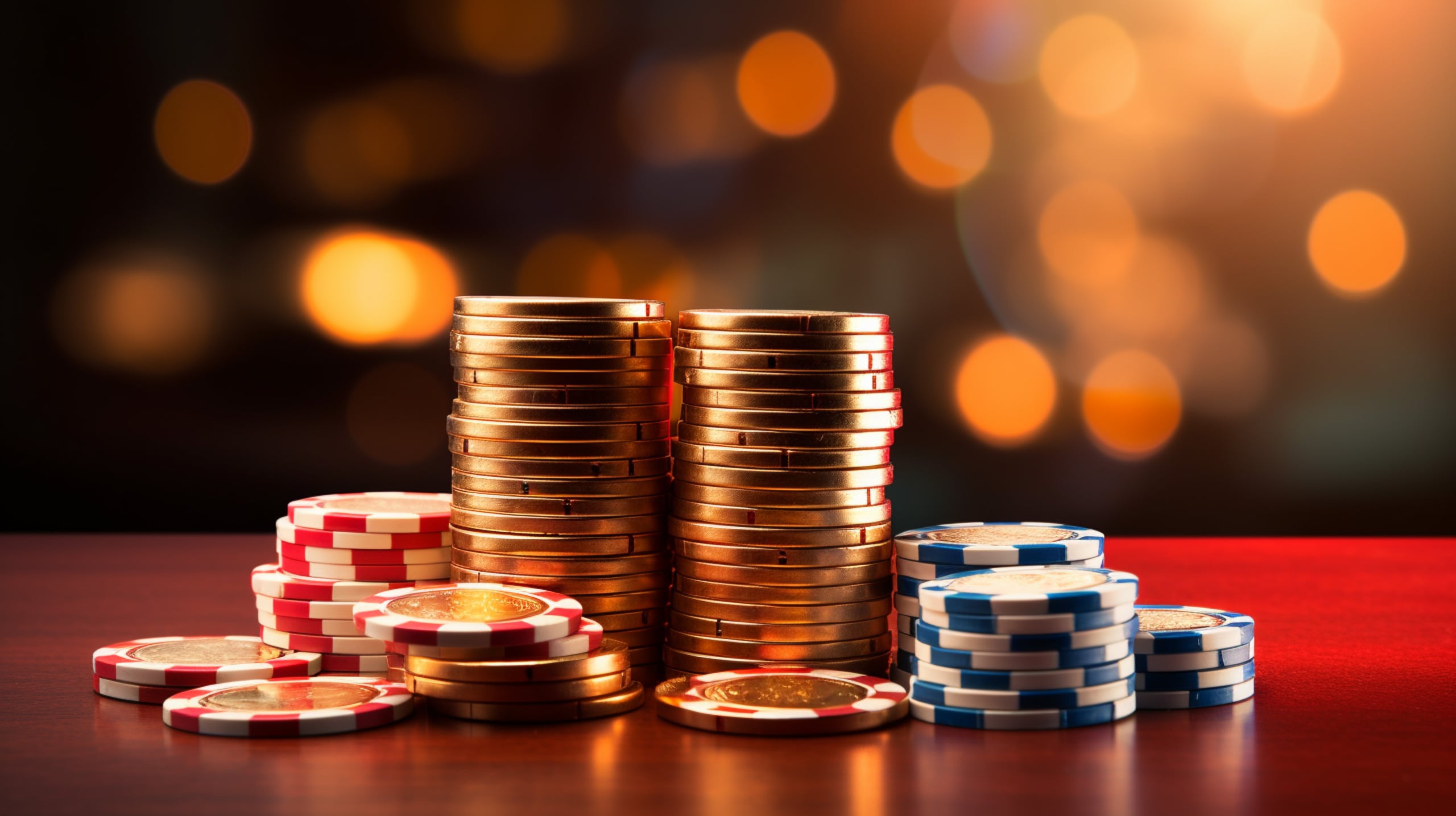 Columnas de monedas doradas entre fichas de casino rojas y azules sobre una mesa roja