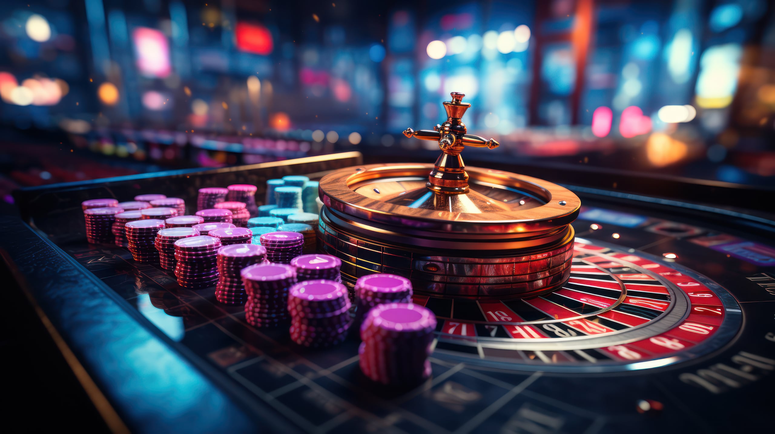 Ruleta de casino con fichas rosas y azules apiladas sobre el tapete y luces de neón al fondo
