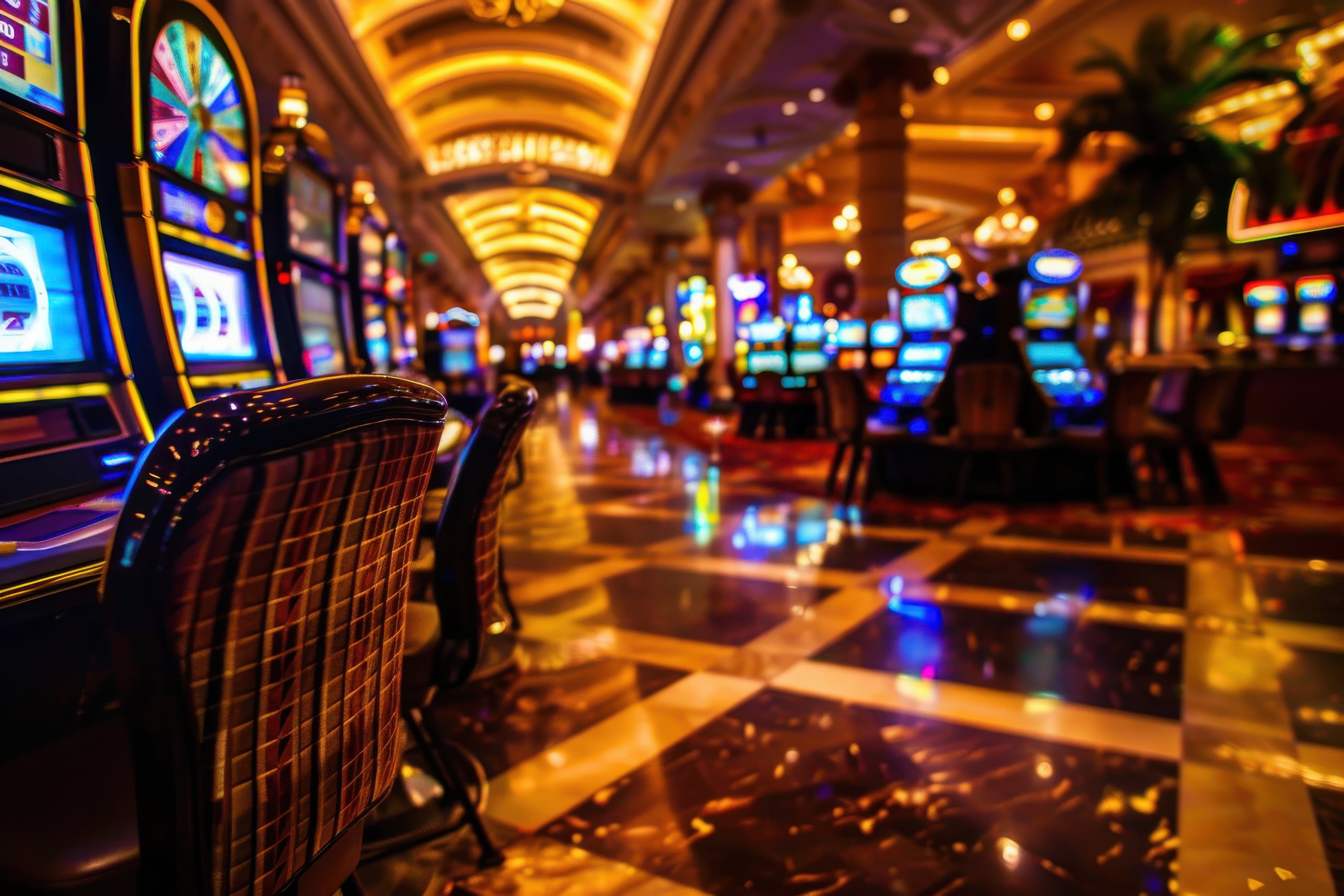 Pasillo de un casino con máquinas tragaperras iluminadas, sillas tapizadas y suelo de mármol