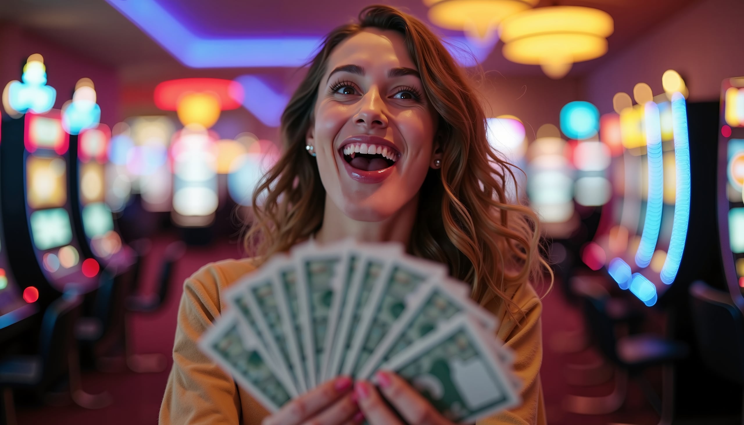 Mujer sonriente con un abanico de billetes en la mano en una sala de tragaperras