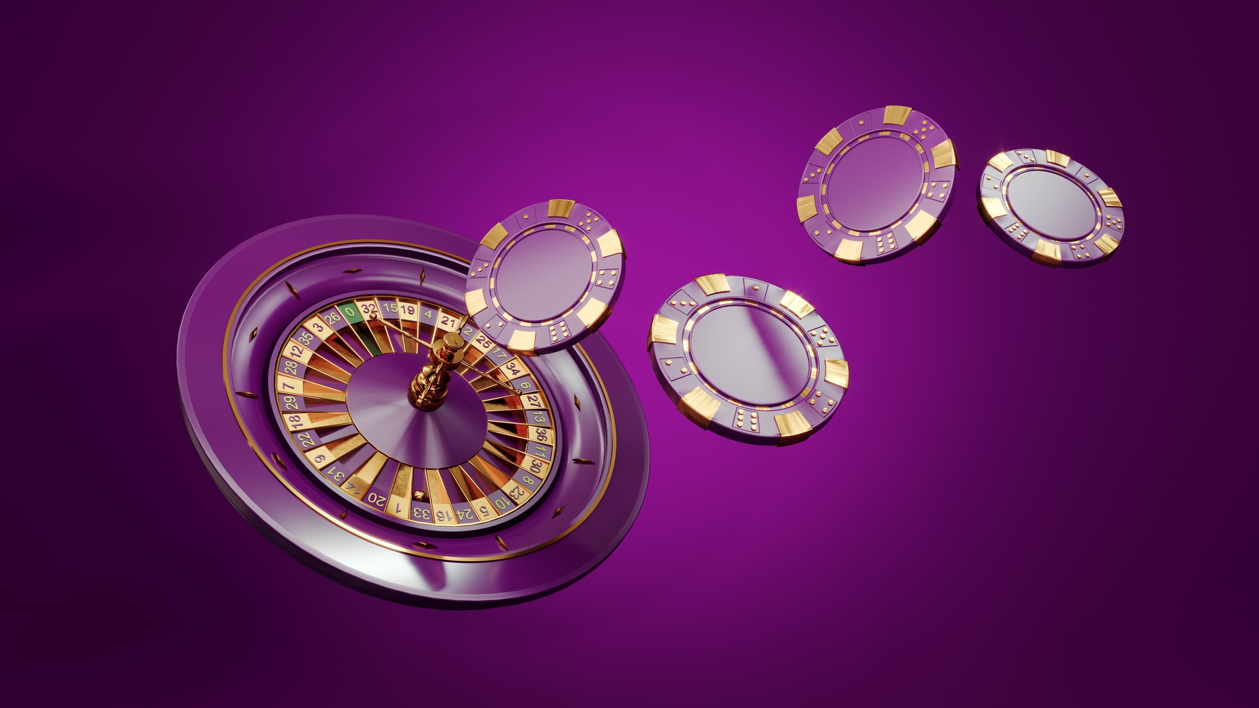 Ruleta y fichas de casino moradas con detalles dorados sobre fondo violeta